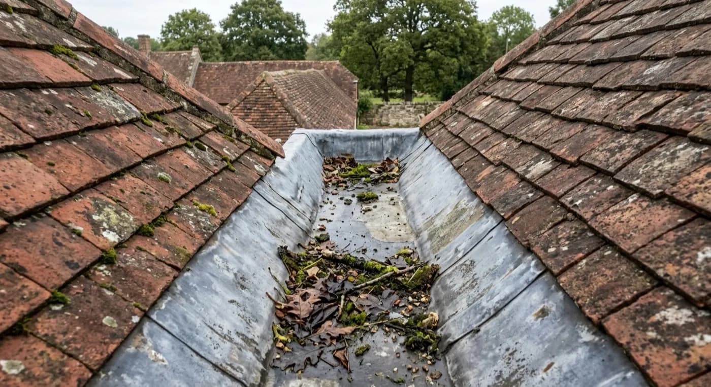 A lead valley gutter between two roof slopes on a tiled roof