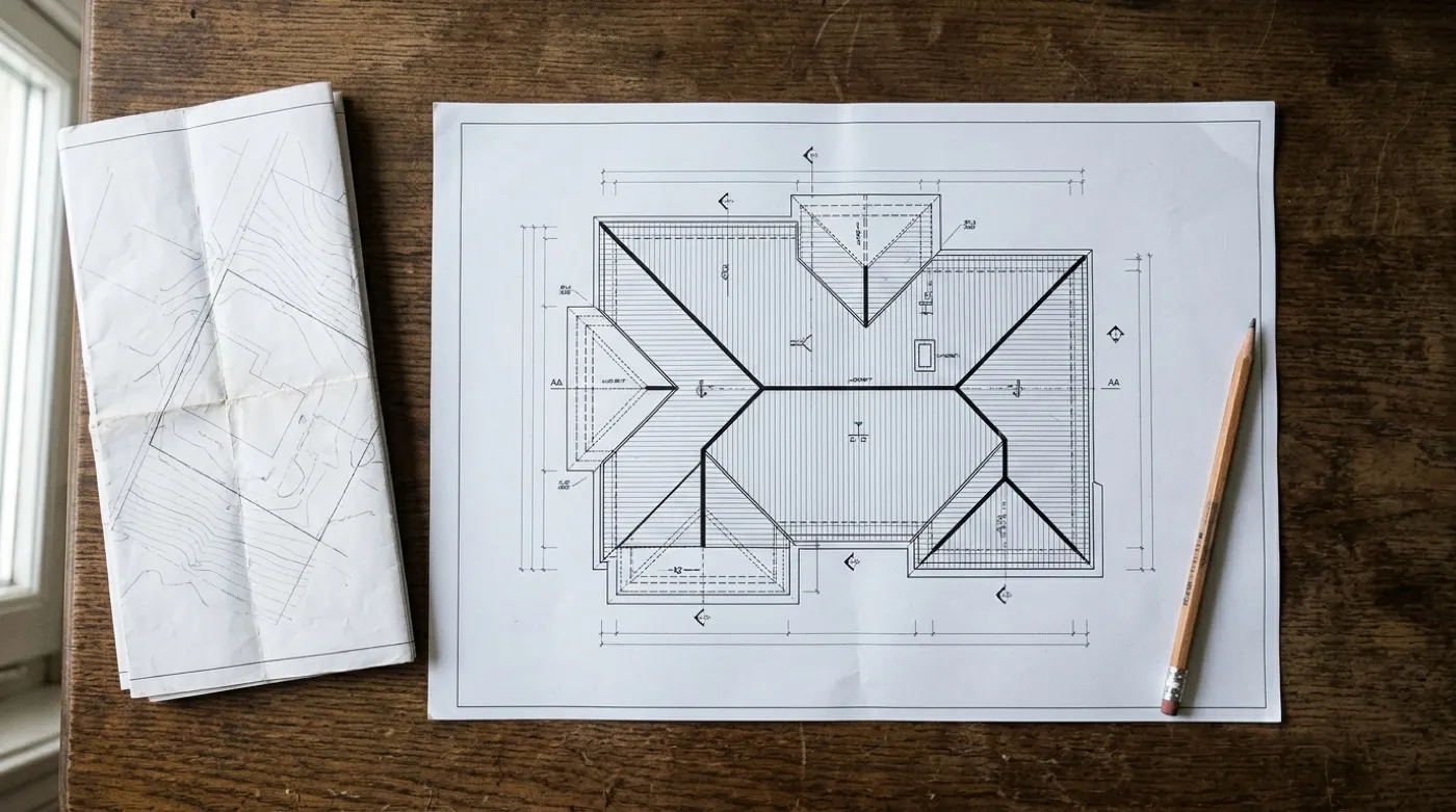 A printed diagram of a roof with labelled inspection points, resting on a desk