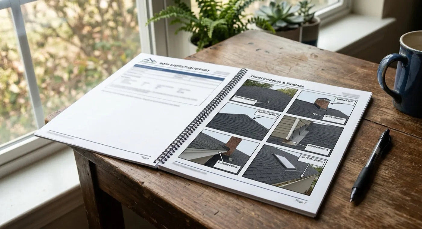 A printed roof inspection report open on a desk beside a pen and a folded site plan